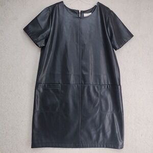 Laura Dress Womens 14 Black Faux Leather Shift Short Sleeve Back Zip Pockets New